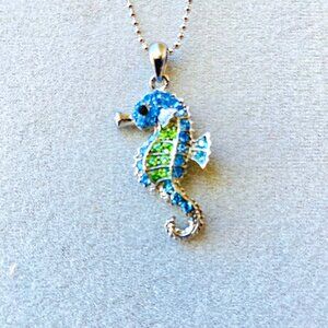 Vintage Cookie Lee silver chain seahorse necklace with genuine crystals
